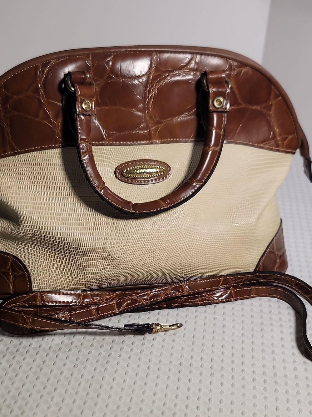 Women's Cream & Brown Satchel with Croc-Texture Trim
